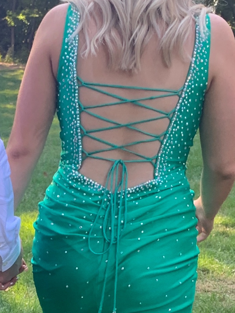 Johnathan Kayne Kelly Green Lace-Up Rhinestone Homecoming Dress